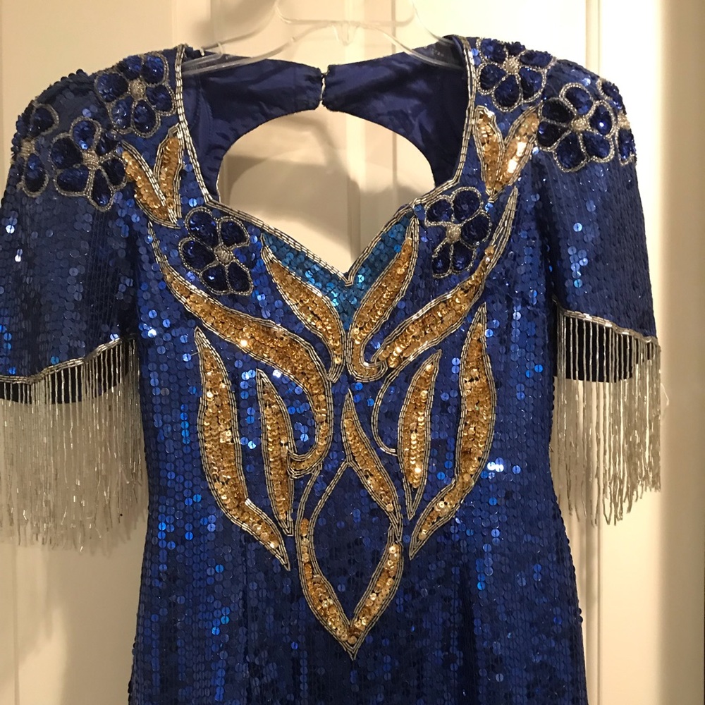 Electric Blue long gown with plunging neckline